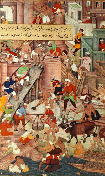 建筑时期的阿格拉红堡，取自莫卧儿王朝的 "阿克巴纳玛"（Akbarnama）。 作者 莫卧儿学校