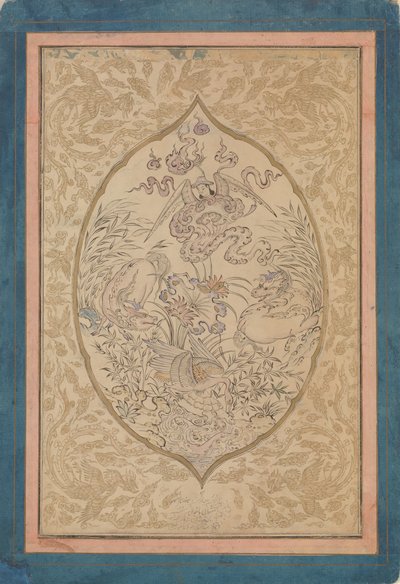 围绕着荷叶的神话生物聚会，日期是回历1088年，即公元1677年的Shawwal。 作者 穆茵