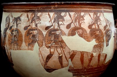 Mycenian civilization: crater called the Warriors. From the circle of tombs A to Mycenes. 12th century BC. Athenes, National Archeological Museum - Art of Mycenaean civilization: crater called Warriors crater. From the grave circle A at Mycenae. 12th centu 作者 迈锡尼迈锡尼