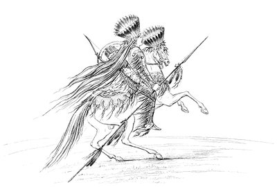 美洲印第安人，头戴武器和头饰，骑马，1841年。 作者 迈尔斯公司