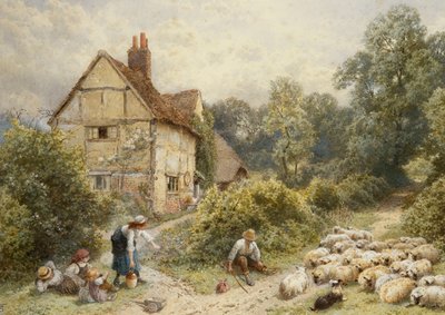 威特利的禽舍农场，附近有孩子，一个牧羊人和一群羊， 作者 Myles Birket Foster