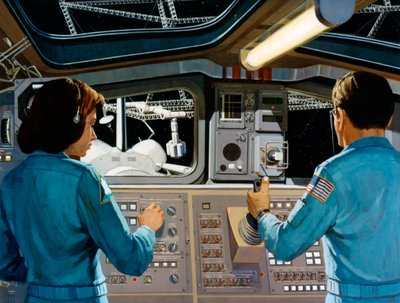 在一个1970年代的未来派空间站内。 作者 NASA图片