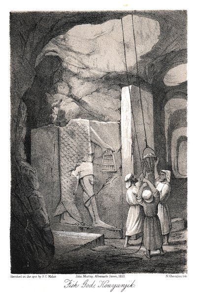 挖掘尼尼微鱼神达贡的浮雕，1853年 作者 N·谢瓦利埃