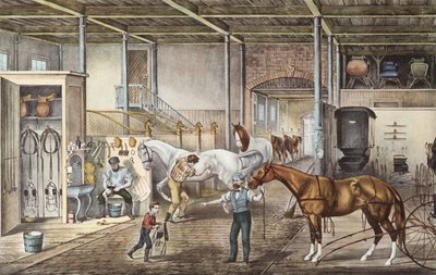 男孩和马夫真正照顾马匹的马厩模型，柯里尔和伊夫 1870 年《美国》一书中的雕刻作品 作者 N. 和 Ives JM (1824 95) 库里尔