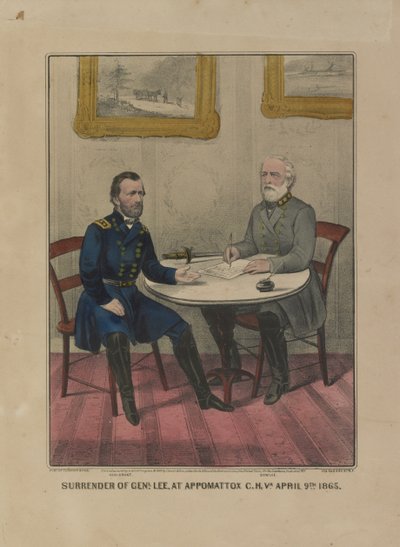 李将军在弗吉尼亚州阿波马托克斯的投降。四月九日。1865年（彩色石版画 作者 库里尔和艾夫斯