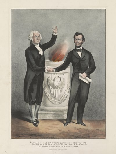 华盛顿和林肯。我们国家的父亲和救星，约1865年（彩色石版画）。 作者 库里尔和艾夫斯