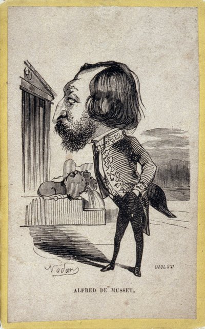 Portrait-charge by Alfred de Musset (1810-1857), French poet and playwright. Cartoon by Gaspard Felix Tournachon dit Felix Nadar (1820-1910). 作者 纳达尔