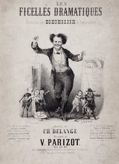 让-贝尔特利耶（1830-1888）的肖像，手持木偶之子。相册 "Les Ficelles Dramatiques deroulees by Berthelier de l
