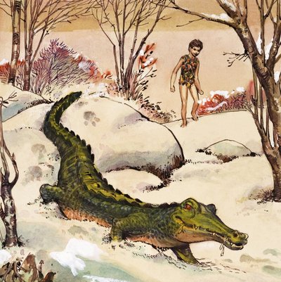 彼得跟着鳄鱼》，J.M. Barrie 的《彼得-潘》插图（纸面水粉画） 作者 纳迪尔·昆托