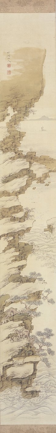 有船的悬崖风景（绢本水墨和彩色） 作者 中林筑景