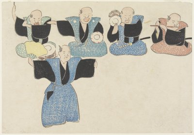舞者和四位音乐家，18-19世纪（彩色木版画） 作者 中村保中
