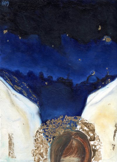 天使之夜得到了他的翅膀，2014年，（卡上的油和金叶） 作者 南希·莫尼兹·查拉拉姆布斯