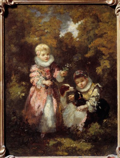 Children and dogs Painting by Narcissus Diaz de la Pena (1807-1876) (ec. de Barbizon) Sun. 0,32x0,24 m 作者 Narcisse Virgile Diaz de laPeña