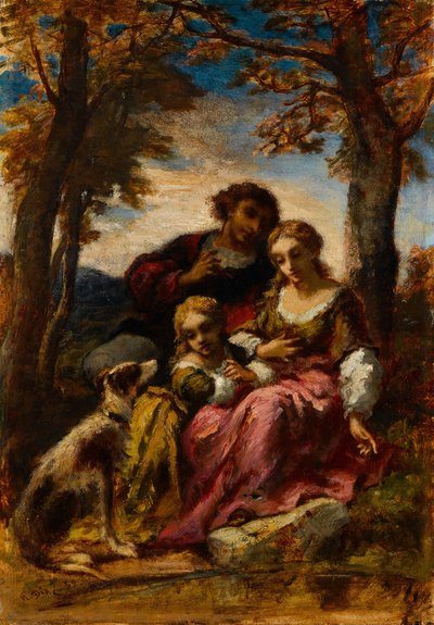 人物和风景中的狗，1852年。 作者 Narcisse Virgile Diaz de laPeña