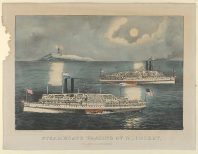 午夜经过的汽船--在长岛湾，1872-74.创作者：Nathaniel Currier, James Merritt Ives, Currier and Ives. 作者 库里尔和艾夫斯