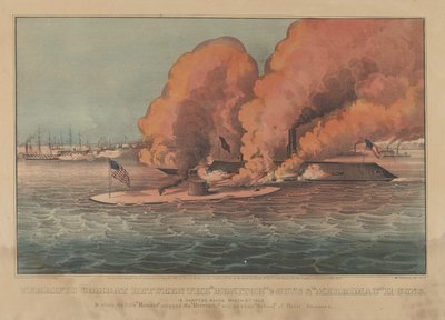 1862年3月，在汉普顿路，"摩立特 "号的2门炮和 "梅里马克 "号的11门炮发生了可怕的战斗。创作者：纳撒尼尔-柯里尔，詹姆斯-梅里特-艾夫斯，柯里尔和艾夫斯。 作者 库里尔和艾夫斯
