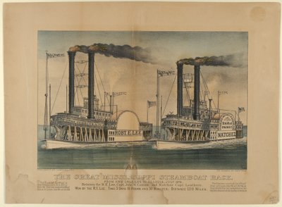 伟大的密西西比汽船比赛--从新奥尔良到圣路易斯，1870年7月--在...之间，1872-74。创作者：Nathaniel Currier, James Merritt Ives, Currier and Ives. 作者 库里尔和艾夫斯