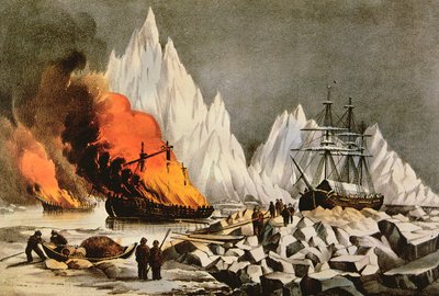 烧毁沉船以避免对其他船只造成危险》，摘自《美国鲸鱼渔业》。 作者 纳撒尼尔·卡里尔（Nathaniel Currier）