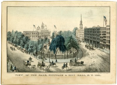 观点的公园，喷泉和市政厅，NY 1851年，1851年 作者 纳撒尼尔·卡里尔（Nathaniel Currier）