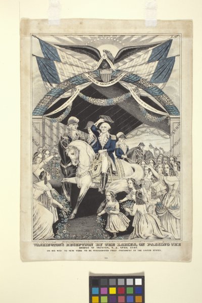 华盛顿在特伦顿过桥时受到女士们的招待会（手绘彩色石版画） 作者 纳撒尼尔·卡里尔（Nathaniel Currier）