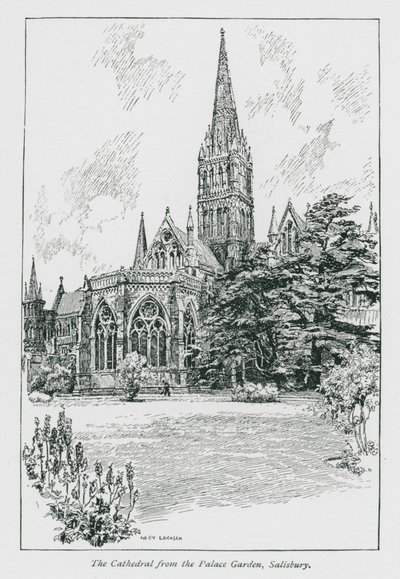 从索尔兹伯里宫廷花园眺望大教堂（石版画） 作者 内莉·埃里克森（Nelly Erichsen）