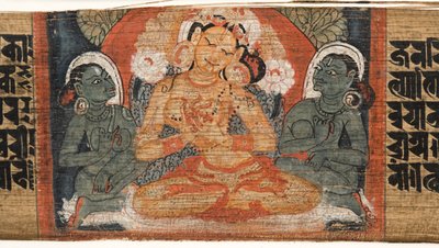 Folio 2r Goddess Prajnaparamita，来自Astasahasrika Prajnaparamita（棕榈叶和木头上的墨水和颜色）（细节430760） 作者 尼泊尔学校