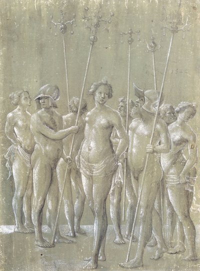 522年，五名拿着杆子的裸体士兵，两名戴着头盔，三名裸体妇女，1522年 作者 Netherlandish School