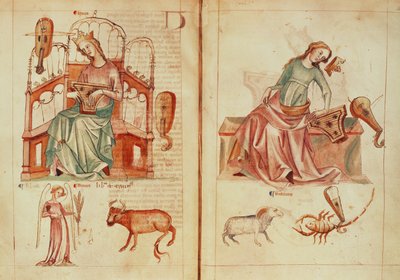 Sloane MS 3983 fol.42v-43 金星与她的主宰星座一起演奏乐器，并处于不利状态，选自 "Liber Astrologiae"（牛皮纸）。 作者 荷兰语学校