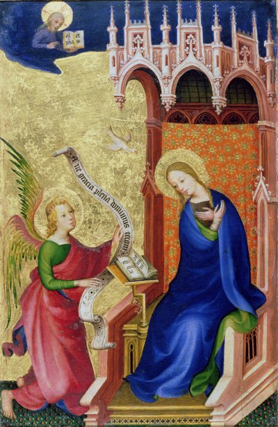 来自折叠祭坛的报喜，c.1400（面板上的蛋彩画和金箔） 作者 荷兰语学校