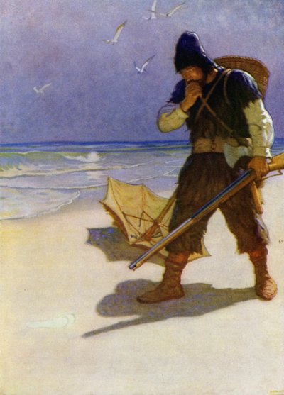 Illustration for Robinson Crusoe (colour litho) 作者 纽维尔（惠氏）谈话（之后）
