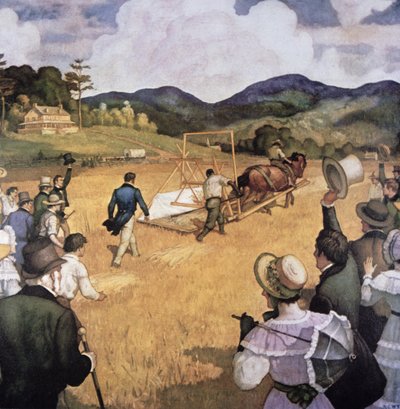 赛勒斯-H-麦考密克（1809-84）和他的收割机，1837年（布面油画）。 作者 纽维尔·康威斯