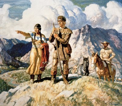 萨卡加维亚与刘易斯和克拉克在1804-06年远征期间的合影（彩色平版印刷）。 作者 纽维尔·康威斯