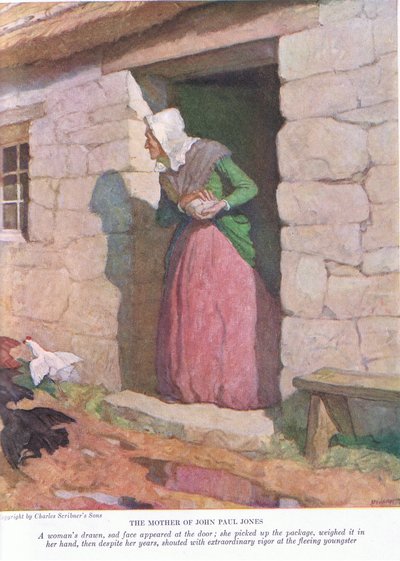 约翰保罗琼斯的母亲：一个女人画的，悲伤的脸出现在门口; 1928年，她拿起包裹，用手称重 作者 纽维尔·康威斯