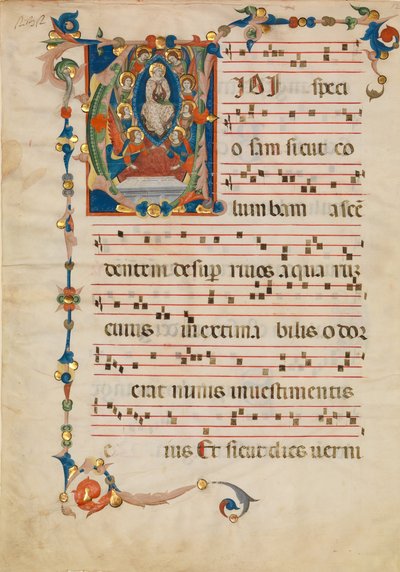带有首字母V的圣母升天的手稿叶子，来自Antiphonary，约1340年。 作者 Niccolò di ser Sozzo
