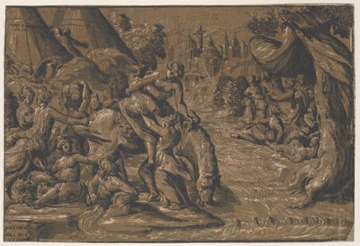 中间的罗马英雄Cloelia被扶上马，背景是罗马，..., 1540-50 作者 尼可罗·维琴蒂诺