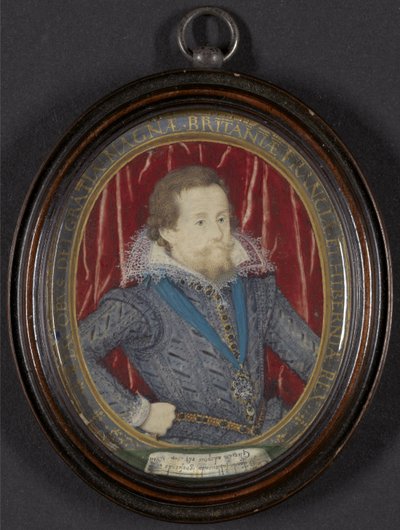 英格兰詹姆斯一世和苏格兰六世，约1610年（配水粉，水粉和金色，牛皮纸上的钢笔和黑色墨水） 作者 尼古拉斯·希利亚德