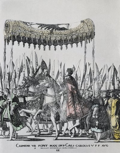 霍根伯格，尼古拉（1500-1539）。查理五世在博洛尼亚的加冕仪式。查尔斯五世（1500-1558）。神圣罗马帝国皇帝（1519-1556）和西班牙国王（1516-1556），作为查理一世；克莱门特七世（1478-1534）。1523年至1534年间的教皇。雕版画 作者 Nicholas Hogenberg