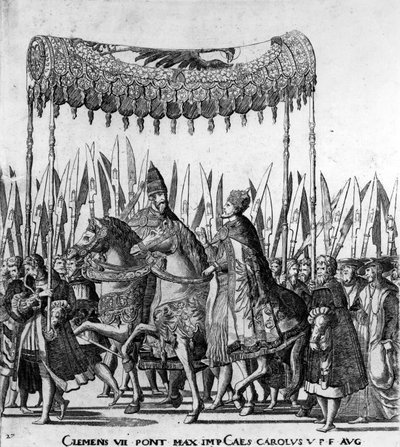 教皇克莱门特七世和皇帝查理五世于1530年2月24日进入博洛尼亚，第27页，第1530页（详情为472273） 作者 Nicholas Hogenberg
