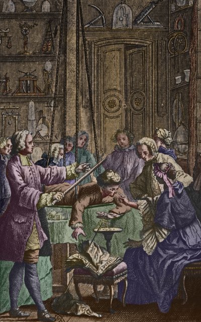 由Abbe Jean Antoine Nollet（1700-70）在一名男子身上进行的电子实验，在一个物理学家的内阁中，来自Nollet的Essai sur lelectricite des corps的正面插图，出版于1746年，由 作者 尼古拉斯·莱索尔（Nicholas Lesueur）