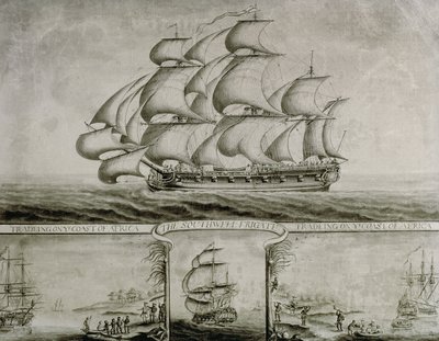 索斯韦尔护卫舰在非洲海岸贸易的景色，约 1760 年（钢笔、墨水和水彩画） 作者 尼古拉斯·波科克（Nicholas Pocock）