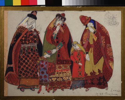 妇女和儿童亚历山大-鲍罗丁（鲍罗丁）（1833-1887 年）歌剧《伊戈尔王子》的服装设计。尼古拉斯-罗瑞奇（1874-1947 年）的作品，纸上铅笔、水粉和墨水 作者 尼古拉斯·罗里奇