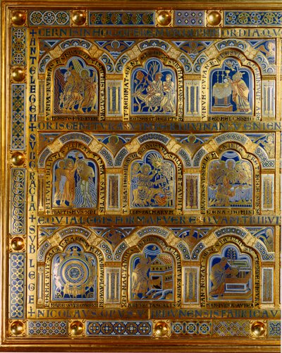 Nicolas de Verdun (ca.1130/50-1205) 用黄金和珐琅制作的凡尔登祭坛：旧约和新约中的场景（穿越红海，麦基洗德王（麦基洗德或麦基洗德或麦基洗德或梅尔基-Tsedeq 或 Melki Tsedeq） ，基督的洗礼，t 作者 凡尔登的尼古拉斯