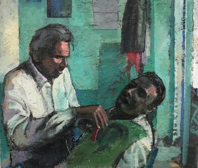 理发店，2017-23（木板油画） 作者 尼克·威廉姆斯