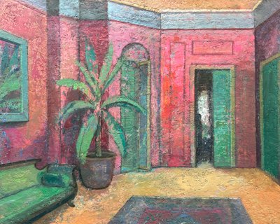 红色室内》，2022-23（木板油画） 作者 尼克·威廉姆斯