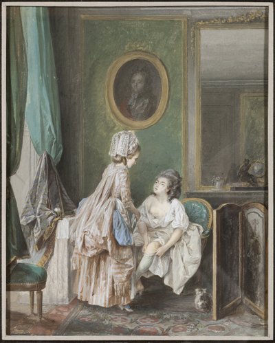 Femme enfilant ses bas - 女人拉着她的袜子，由Lafrensen, Niclas (Nicolas Lavreince) (1737-1807)创作。纸上水粉画 作者 尼古拉二世·拉弗伦森