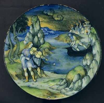 奥菲斯与卡戎》，马约利卡盘，约 1515 年（陶瓷） 作者 尼科洛·佩利帕里奥（NicolòPellipario）