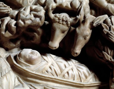 艺术和哥特式建筑：原生 - Nicola Pisano (1215/20-1278/84) 于 1266 年至 1268 年间制作的大理石书桌浅浮雕细节（大理石讲坛细节，诞生）Cathedrale Notre-Dame-de-l 