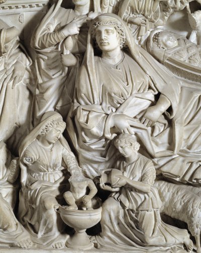 La nativite（耶稣诞生）详图 尼古拉-皮萨诺（1215/20-1278/84）实现的椅子（大理石讲坛） 1260年意大利比萨的圣约翰浸礼会。 作者 尼古拉·皮萨诺（Nicola Pisano）