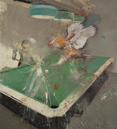 与公鸡打台球，2021 年（布面油画） 作者 尼古拉·普奇