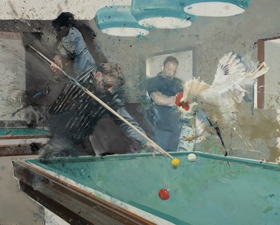 有公鸡的台球 II，2022 年（布面油画） 作者 尼古拉·普奇